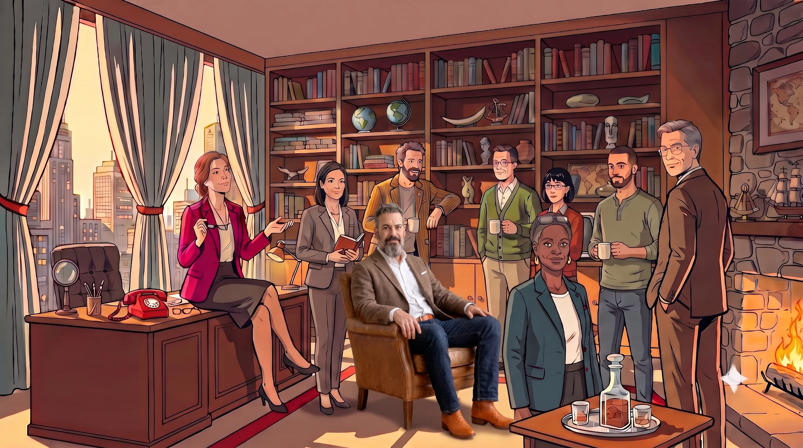 The host, photographed, seated among the show's AI-generated cartoon expert cast in a study.